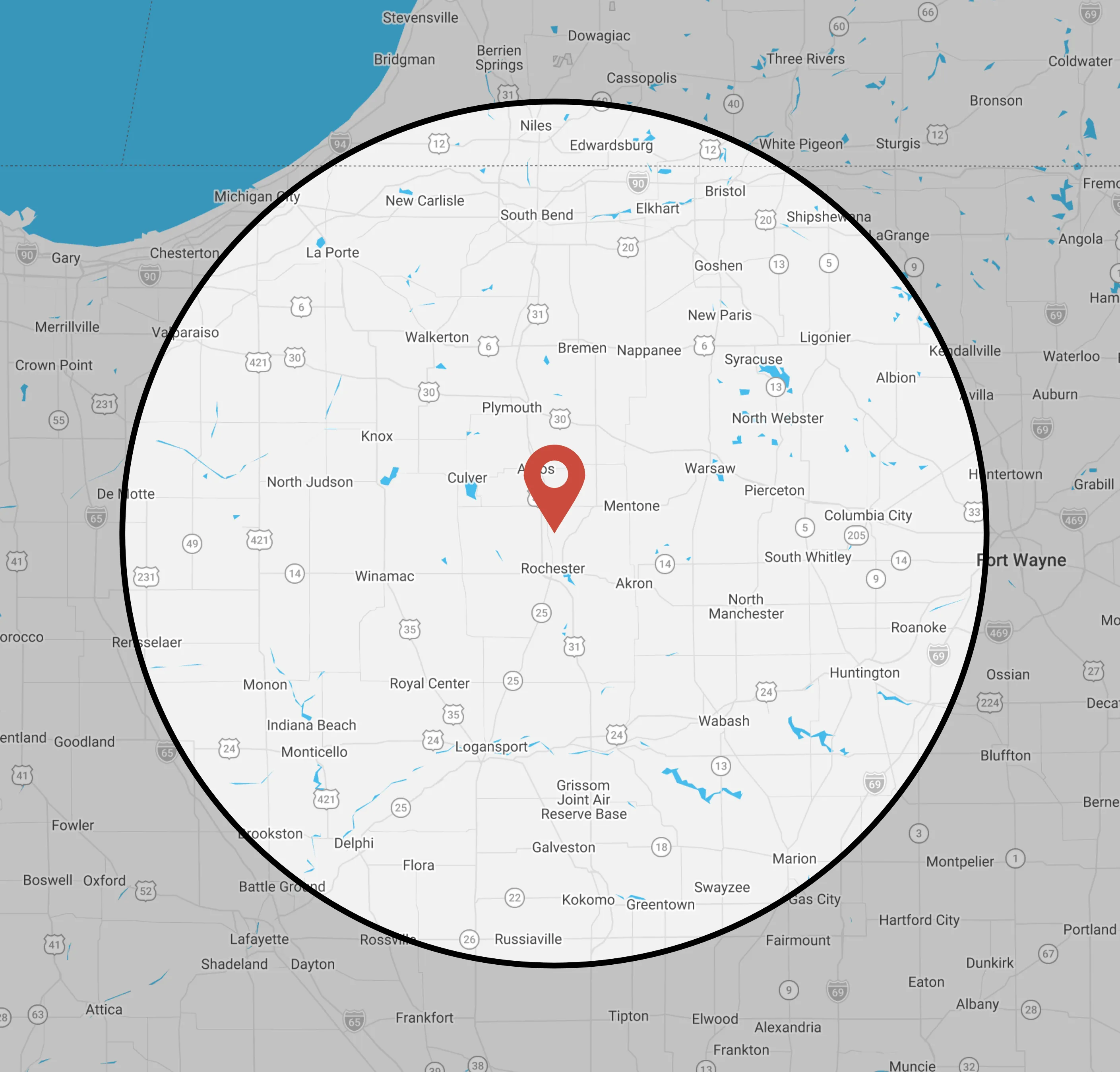 Map of L.A. Roofing's service area — within 50 miles of Rochester, Indiana